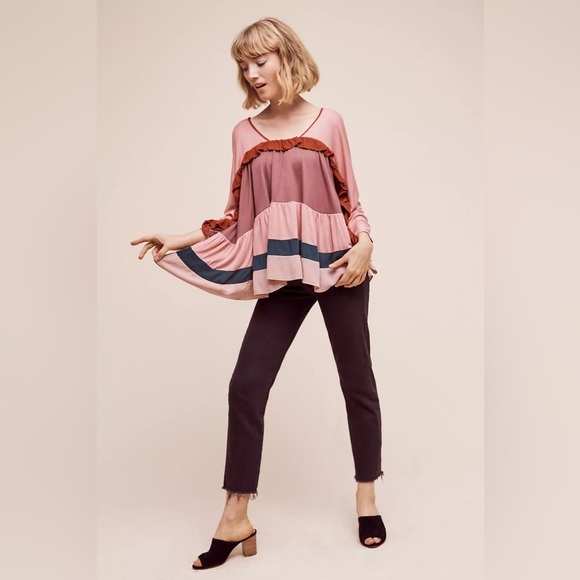 Meadow Rue Anthropologie Mina Colour Block Ruffle Top, Pink-***READ*** - Picture 2 of 9
